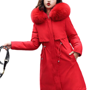 Chaqueta larga roja estilo militar mujer